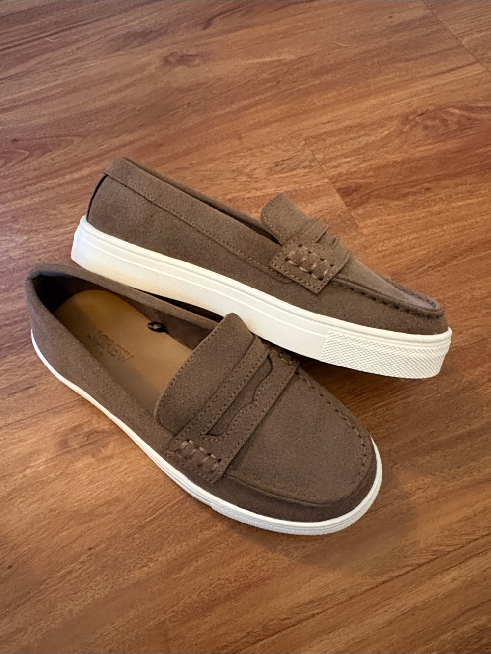 J. Crew Brown Suede Kids Penny Loafers with Light Blue Sole